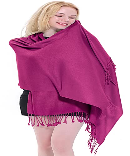 CJ Apparel Solid Color Tassels Design Nepalese Shawl Scarf Wrap Stole Throw Head Wrap Pashmina Gift Hand Made in Nepal New - color: Fuchsia Purple