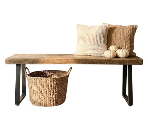 Rustic Revival Reclaimed Barnwood Bench, Solid Wood with Metal Base, Modern Farmhouse Style, 2-Inch Thick Top, for Entryway, Bedroom, Living Room (38x12) - size: 38x12