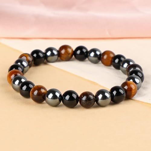 LPBeads Handmade Natural Gemstone Stretch Elastic Bracelet Healing Crystal Round Stone Beads Jewelry Gifts for Women Men - color: Onyx Tiger Hematite Mixed, size: 8mm