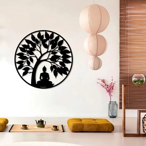 Tree of Life and Buddha Metal Wall Decor, Tree of Life Metal Wall Art, Zen Artwork Decor, Meditation Hindu Wall Art, Spiritual Gifts, Zen Artwork for Yoga Studio (Black, 28"x28") - color: Black, size: 28"x28"