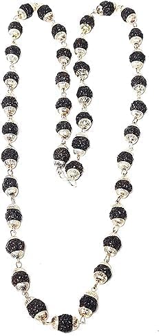 Rudraksh Mala, Natural Himalayan Genuine Original Rudraksha Rosary - style: black tulsi Jaap mala Silver cap 2-3MM