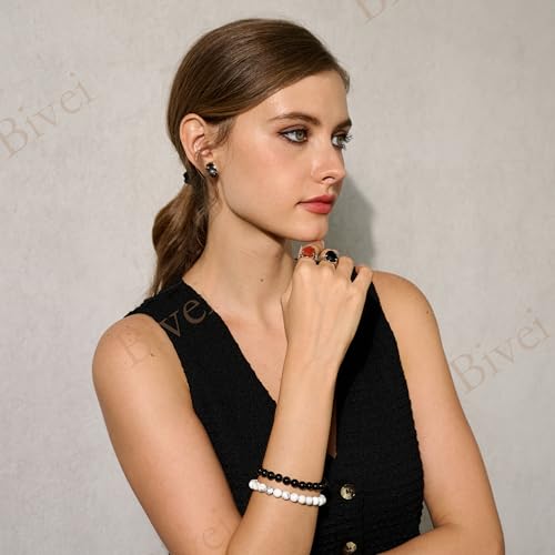 Bivei 8mm Beaded Bracelets for Women Handmade Semi Precious Natural Stone Stretch Elastic Jewelry Yoga Protection Gifts - color: Black Obsidian - Strength, size: Small 6.5-6.7 inch