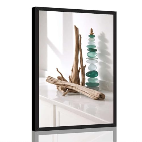 Framed Zen Stones and Driftwood Poster Canvas Print Art Rustic Minimalist Aesthetic Wall Art Home Decor Living Room Bedroom Office Stunning Poster Painting Prints (Black Framed,16" Lx24 W) - size: 16"Lx24"W