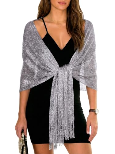 Sumolux Shawls Wraps for Evening Dresses Metallic Glitter Shawls Scarf for Women Sparkling Wedding with Free Buckle - color: Dark Grey With Silver Threads