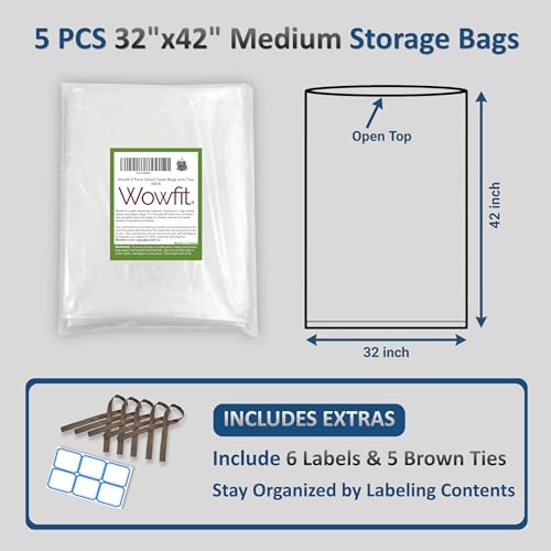 Wowfit 5 CT 32x42 inches Big Large Clear Plastic Bags Perfect for Blanket, Duvets, Pillows, Plush Toys, Comforter and Basement Storage (1.6 Mil Flat Bags) - size: 32"x42"