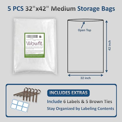 Wowfit 5 CT 32x42 inches Big Large Clear Plastic Bags Perfect for Blanket, Duvets, Pillows, Plush Toys, Comforter and Basement Storage (1.6 Mil Flat Bags) - size: 32"x42"