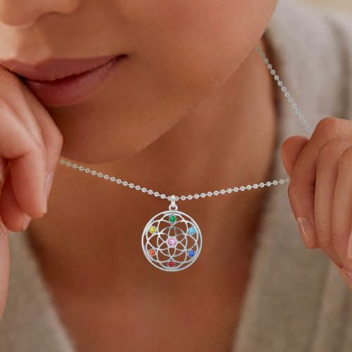 Flower of Life Necklace: 18K Gold Plated Sacred Geometry Buddhist Chakra Mandala with Diamond Pendant Necklaces Yoga Spiritual Amulet Jewelry Meditation Gift for Women Men - color: silver