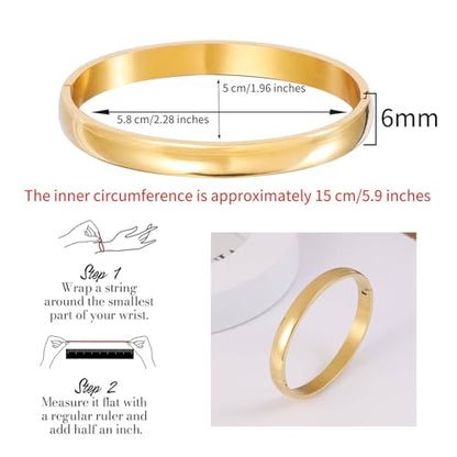Womens 6MM Stainless Steel Brecelet Plain Polished Finish Cuff Bangle - color: 1-Gold
