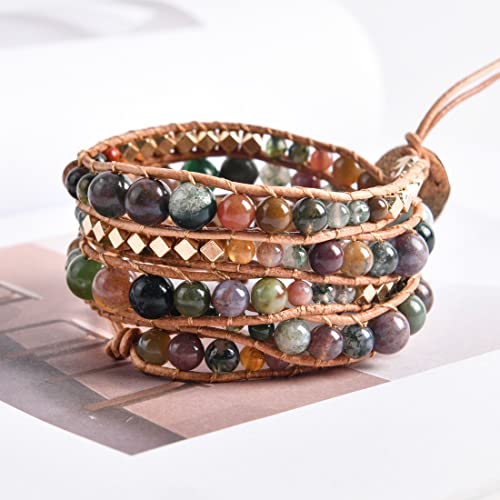 YGLINE Natural Stone Wrap Bracelet for Women Boho Bracelets Healing Crystal Beaded Bracelet Adjustable 3/5 Wraps Bracelet Handmade Birthday Gifts for Women - color: Agate-3w
