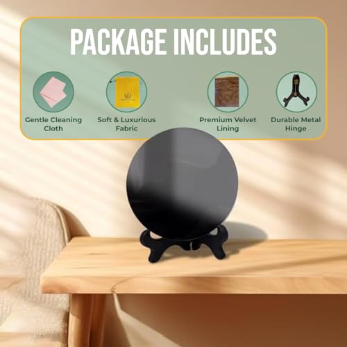 Black Obsidian Scrying Mirror 3.94 in with Wooden Stand, Premium Quality Obsidian Mirror for Meditation, Witchcraft, Divination and Spiritual Practices (100 mm) - size: 3.9"L x 3.9"W