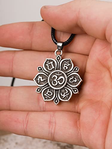 HAQUIL Mandala Flower of Life Necklace, Buddhist Lotus Flower Om Mandala Pendant, Faux Leather Cord - color: Mantra Lotus Flower