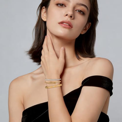 PCY Gold Bracelets For Women,3PC Bangle Gold Plated Bracelets For Women,Trendy Statement Cuff Stackable Bangles Set,Fashion Jewelry for Women. - size: Large