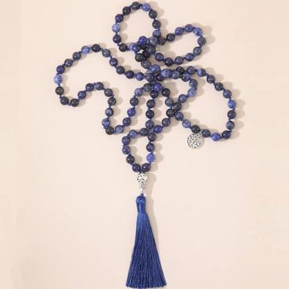 108 Mala Beads Necklace Semi-Precious Gem Stones Meditation Necklace 108 Hand Knotted Japa Mala Beaded Tassel Necklace with Tree of Life Pendant - color: Flower Blue-Veins
