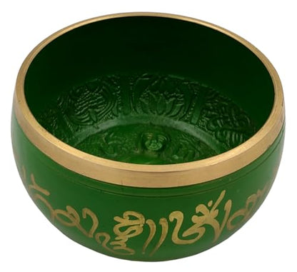 Purpledip Bell Metal Singing Bowl: Tibetan Dhyana Meditation Musical Instrument, 5 Inches, Green (10780) - style: Scripture design | 5 inches | Green