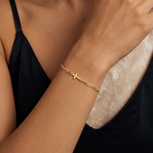 3mm Diamond Classic Tennis Bracelet for Women Dainty, Gold Jesus Cross Bracelets Trendy, 14K Gold Plated Heart/Evil Eye/Pearl/Starfish & Seashell Charm Bracelets for Women Bulk - style: CrossPaperclip-Gold
