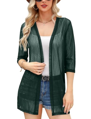 iClosam Women Casual 3/4 Sleeve Sheer Open Front Cardigan Sweater Kimono - color: Dark Green, size: Small