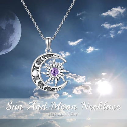 Sun and Moon Necklace 925 Sterling Silver Sun Moon Pendant Gemstone Jewelry Gifts for Women - style: February