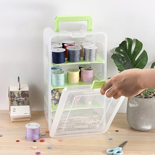 BTSKY Clear Plastic Dividing Storage Box with 4 Deep Compartments Adjustable Storage Bin with Lid Portable Craft Container Multipurpose Sewing Box Art Supply Organizer, 13.9x7.9x6.2 Inches, Green - size: 13.9x7.9x6.2 Inches-Green