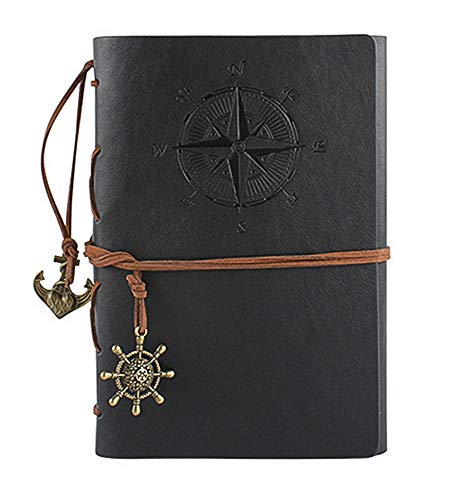 Leather Writing Journal Notebook, Vintage Nautical Spiral Notebook Refillable Diary Sketchbook Travel Journals to Write in with Blank Pages and Retro Pendants (Black) - color: Black