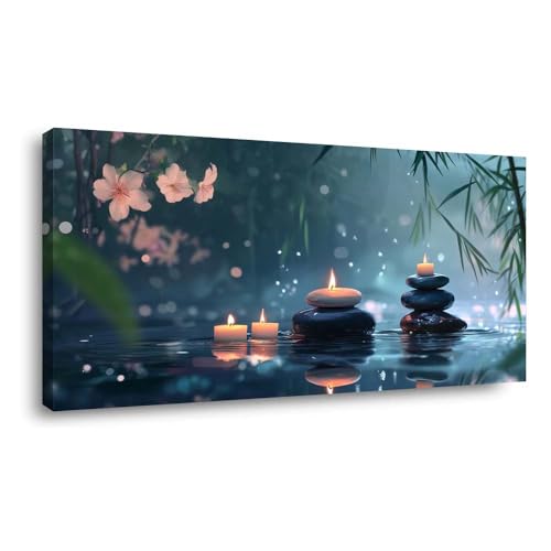 ZESTRILIA Zen Stones with Candles Canvas Wall Art for Living Room Office Asian Contemporary Calming Elegant Canvas Artwork Bedroom Bathroom Room Decor - color: Tranquil Blue Zen Stones with Candles, size: 40L" x 20W"