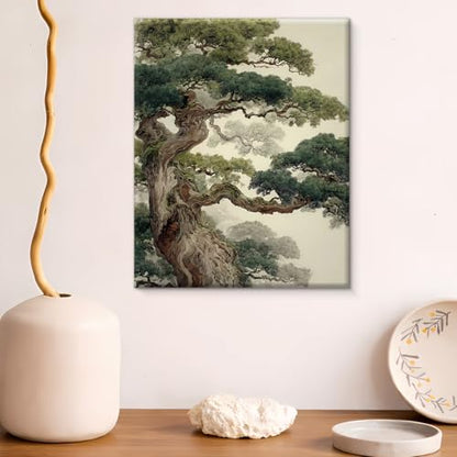 Ancient Pine Tree Wall Art Decor Japanese Nature Poster Painting Zen Botanical Wall Decor for Home Bedroom Living Room 8x10 Inch Canvas Framed