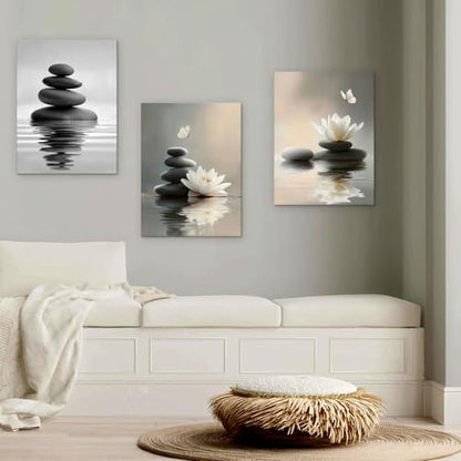 Lotus Wall Art Zen Stones in The Water Bathroom Calming Meditation Butterfly Framed Breathe Spiritual Canvas for Bathroom Living Room Yoga, Set of 3, 12x16 Inch - Ready to Hang - color: Lotus and Stones, size: 12" x 16"x3