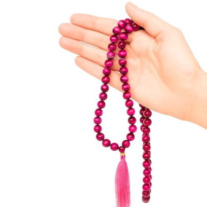 Amazing Gemstone Japa Mala 108 Prayer Beads Necklace and Wrist Mala Bracelet for Meditation - color: Pink Tiger Cats Eye, size: Without Knots