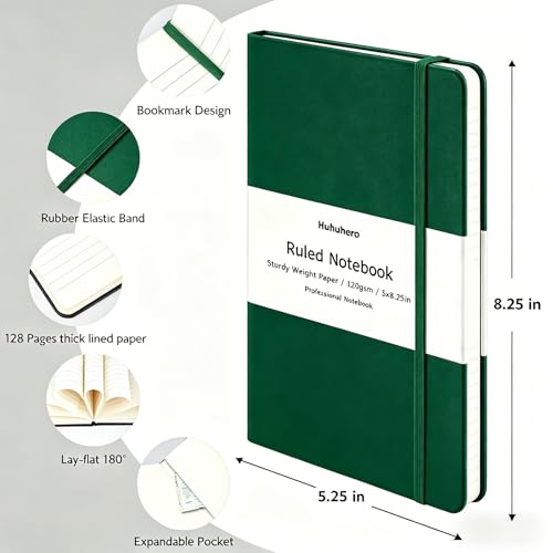 Huhuhero Notebook Journal, Lined Ruled Journal, Hardcover 120Gsm Premium Thick Paper with Faux Leather Notebook for Journaling Writing Note Taking Office School Supplies 5"×8.25" (1, Green) - color: Green