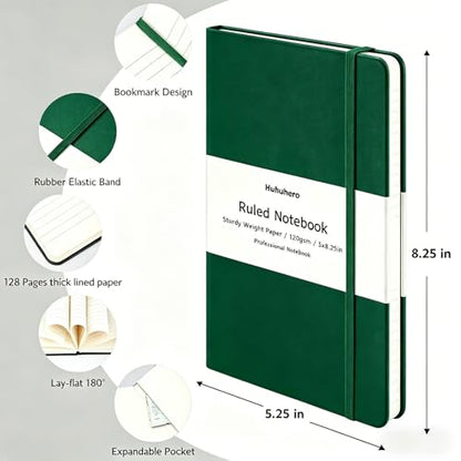Huhuhero Notebook Journal, Lined Ruled Journal, Hardcover 120Gsm Premium Thick Paper with Faux Leather Notebook for Journaling Writing Note Taking Office School Supplies 5"×8.25" (1, Green) - color: Green