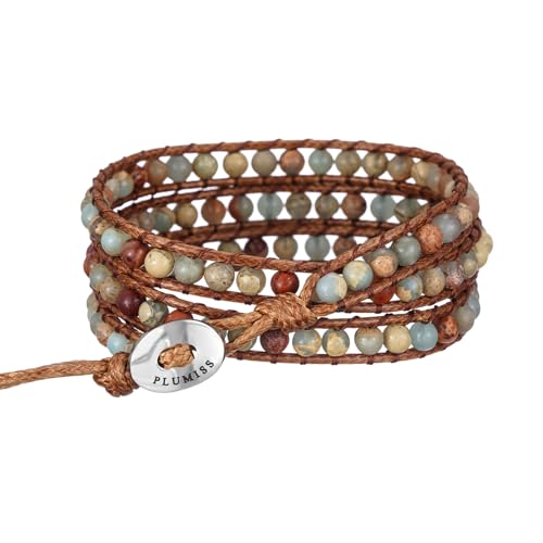 Women Boho Handmade Natural Stone Crystal Leather Bead Wrap Bracelets Collection - style: 4mm Agalmatolite 3W