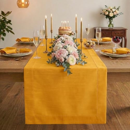 Luxe Shine™ by D'Moksha Yellow Table Runner 72 Inches Long, Elegant Silk Table Runner, Machine Washable, 14 x 72 Inch for Dresser, Dining- Summer, Father's Day - color: Yellow, size: 14 X 72 Inch