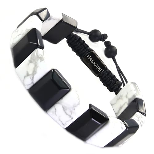 HASKARE Healing Crystal Beads Bracelets for Men Genuine Tiger Eye Obsidian Howlite Energy Crystal Bracelet, Protection Gemstone Jewelry for Anxiety Stress Relief, Handmade Drawstring Gift for Him - color: White Howlite Obsidian ( Suit 6.7"-7.5" wrists) M