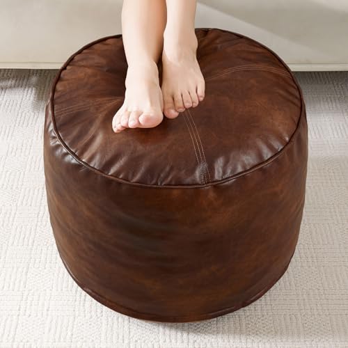 HIGOGOGO Round Stuffed Pouf Ottoman, Pu Leather Poufs with Foam Chunk Filling, Furry and Fluffy Pouf Foot Stool Storage Ottoman, 20 X 15 Floor Poufs Foot Rest for Living Room,Dark Brown - color: Dark Brown, size: 20"D x 20"W x 15"H