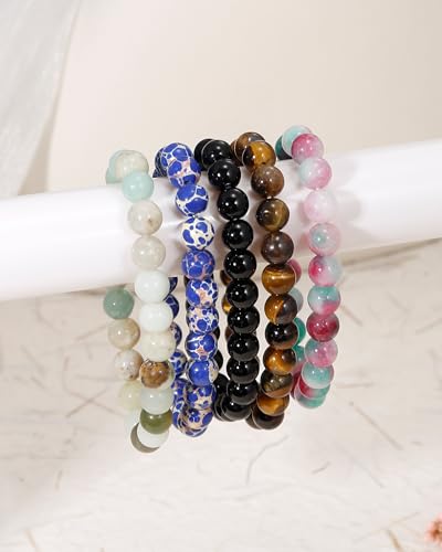BOMAIL 5Pcs Healing Crystal Bracelets for Women 8mm Natural Stone Beaded Stretch Bracelet Set Handmade Semi-Precious Gemstone Bracelets - color: C