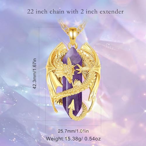 INFUSEU Unique Dragon Necklaces with Healing Crystal Stone for Men Women, Personalized Spiritual Gifts, 24 Inch Chain - color: Gold-Amethyst