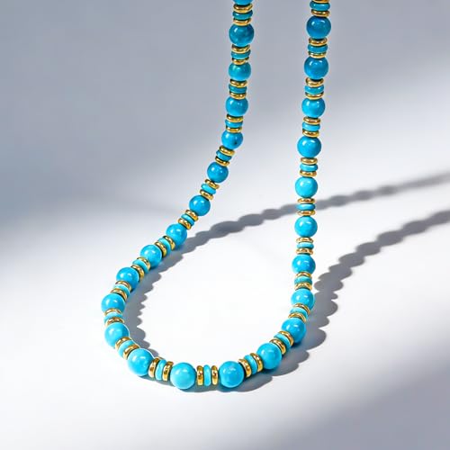 Gemstone Beaded Necklace for Women, Trendy 18K Gold Plated Hematite Natural Stone Bead Choker, Boho Handmade Summer Beach Necklaces for Women Everyday Western Jewelry Gifts - color: 01-blue