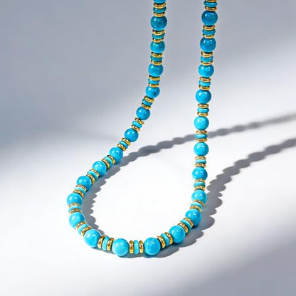 Gemstone Beaded Necklace for Women, Trendy 18K Gold Plated Hematite Natural Stone Bead Choker, Boho Handmade Summer Beach Necklaces for Women Everyday Western Jewelry Gifts - color: 01-blue