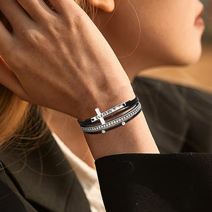 Fesciory Leopard Bracelet for Women, Boho Leather Wrap Multi-Layer Pearl Crystal Bracelet Bangle Jewelry - style: Blessed Cross(Black)