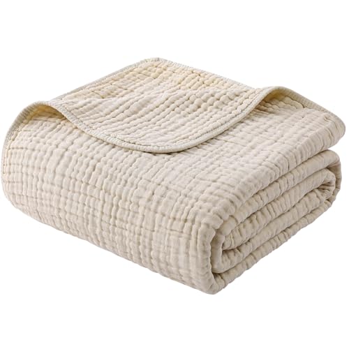 Yoofoss Muslin Blanket 100% Organic Cotton Throw Large 90" x 108" for Bed Couch Summer Gauze Blanket for Adults Lightweight and Breathable Apricot White - color: Apricot White, size: 90" x 108"