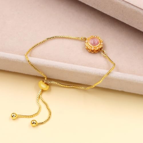 | Gold Brass Bracelet | Glass Floral Engraved Adjustable Chain | Elegant Positive Energy Charm | Everyday Wear Friendship Accessory - color: Pink