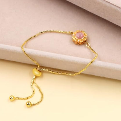 | Gold Brass Bracelet | Glass Floral Engraved Adjustable Chain | Elegant Positive Energy Charm | Everyday Wear Friendship Accessory - color: Pink