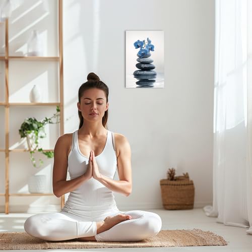 ZQQART Zen Stone Bathroom Wall Art Spa Stones Pictures Meditation Canvas Painting Yoga Living Room Decor Framed(Blue,12L x 18W)