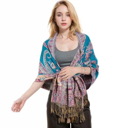 MUQU Women Pashmina Shawls and Wraps Scarf Soft Silky Reversible Paisley Scarves Shawl for Women - color: Blue-b