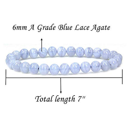 Angelstones Handmade Natural Healing Gemstone 6mm Round Beads Stretch Crystal Bracelet 7 Inch Unisex - color: Blue Lace Agate