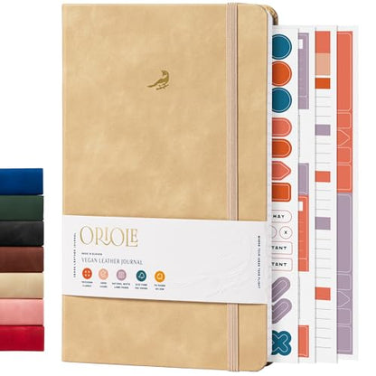Oriole Vegan Leather Ruled Notebook - Walnut Cream | 176 Pages of Thick Lined Paper | Soft Touch Hardcover Journal (5 x 8 in) with Gold Foil Bird Design & Luxury Gift Box - color: Walnut Cream