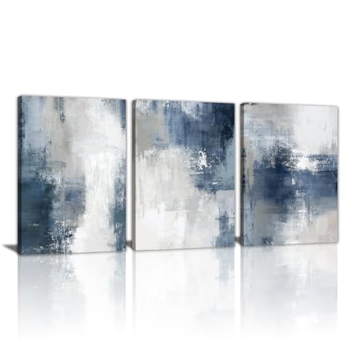 WENGTIAO 3 Pcs Navy Blue Abstract Canvas Wall Art Prints Modern Minimalist Blue Gray Artwork for Walls Framed White Neutral Poster Paintings Decor for Living Room Bedroom Bathroom Office 20x28x3Pcs - color: Abstract-blue, size: 20"x28"x3Pcs