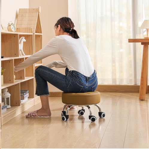 Low Height Rolling Stool - Heavy Duty Short Stool Chair with Wheels Low to Ground - Small Roller Seat for Home Office Garage Kitchen Repair Shop Mechanic Pedicure Library - Camel