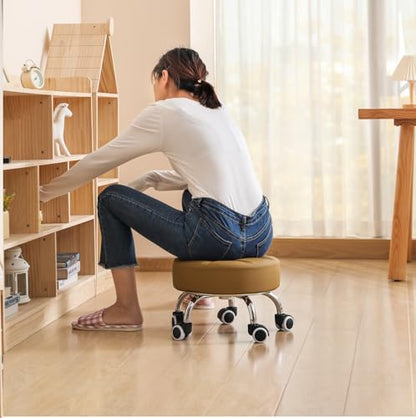 Low Height Rolling Stool - Heavy Duty Short Stool Chair with Wheels Low to Ground - Small Roller Seat for Home Office Garage Kitchen Repair Shop Mechanic Pedicure Library - Camel