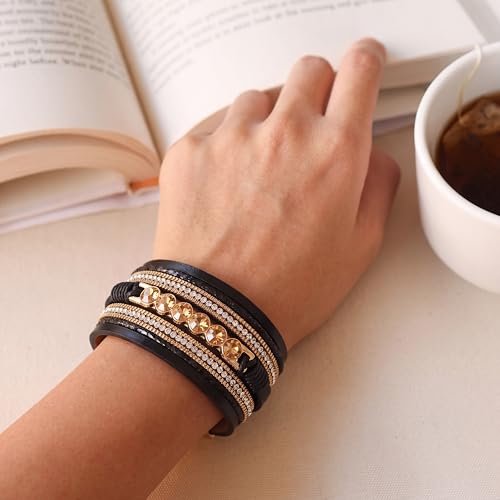 Edoneery Leather Wrap Bracelet for Women, Boho Handmade Multi-Layer Cuff with Crystal Beads Heart, Stackable Bangle Western Jewelry Gift - style: 6 Rhinestone(Black)