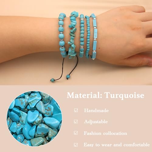 5Pcs Healing Crystal Bracelet for Women Men, Handmade Adjustable Gemstone Bracelets Beaded Reiki Energ Bracelet Set Jewelry Gifts for Women Men - color: Turquoise